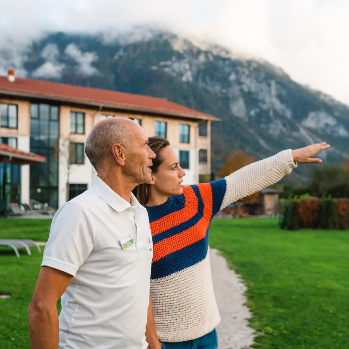 Wish fulfilment A man and a woman are standing outside in a meadow.